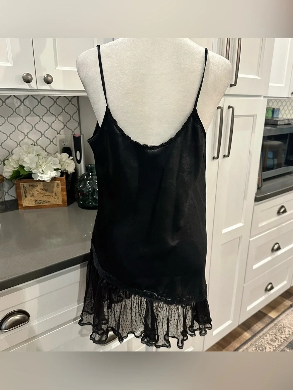 Black Lace Trim Satin Chemise Nightdress
